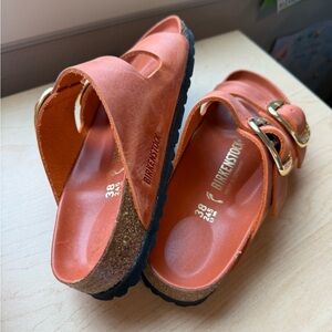 Birkenstock Vibrant Orange Arizona Sandals with Gold Big Buckle
